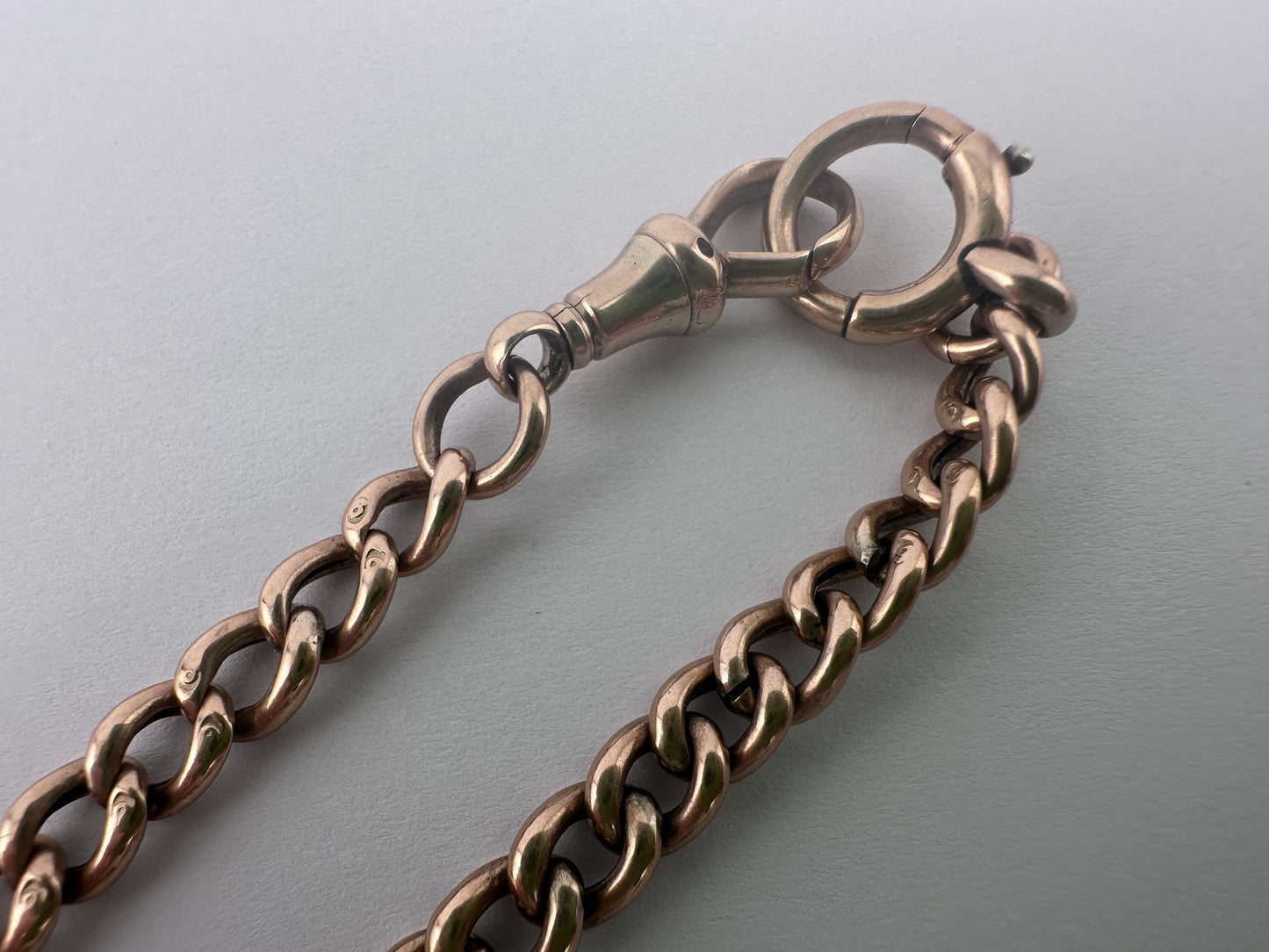 Antique 9ct Gold Curb Albert chain with bolt, dog clip and floating t-bar