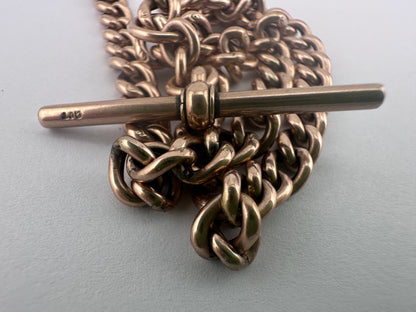 Antique 9ct Gold Curb Albert chain with bolt, dog clip and floating t-bar
