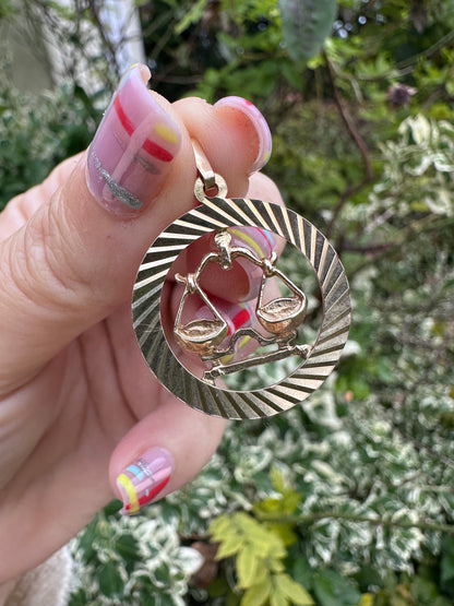 Vintage 9ct Gold Libra Charm with engine turned frame