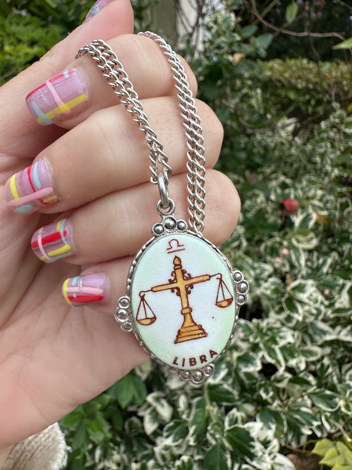 Sterling Silver Enamel Libra Pendant with silver curb chain