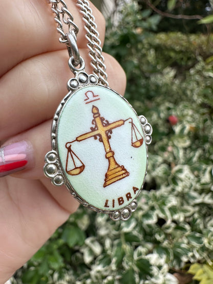 Sterling Silver Enamel Libra Pendant with silver curb chain