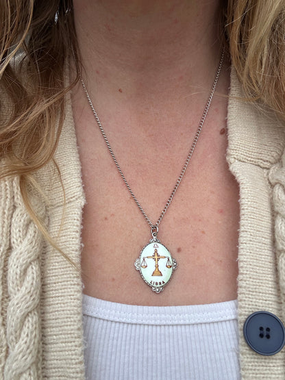 Sterling Silver Enamel Libra Pendant with silver curb chain