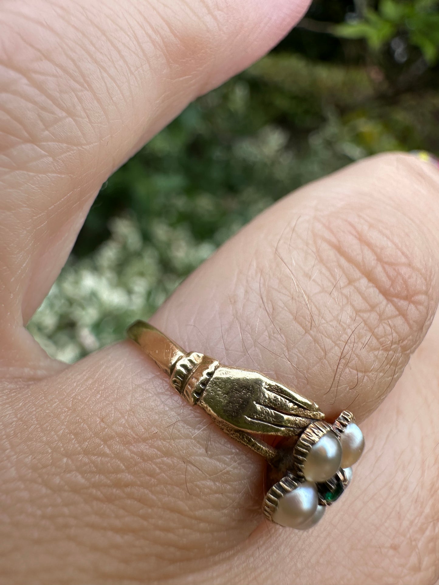 14ct Pearl and Green Paste Hands holding a forget me knot ring