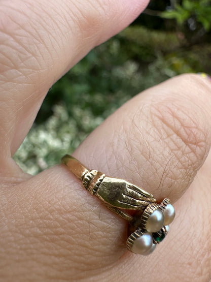 14ct Pearl and Green Paste Hands holding a forget me knot ring