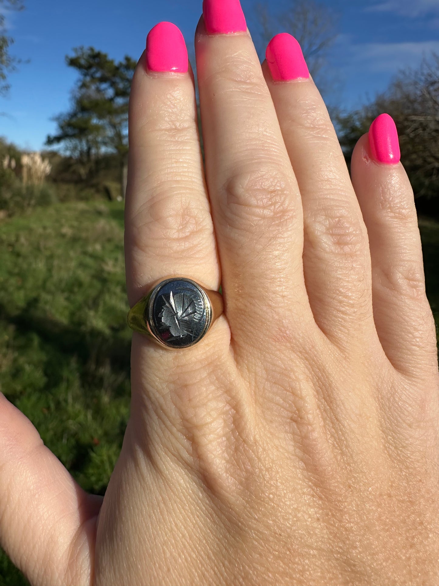 Vintage 9ct Gold Hematite Warrior Intaglio Signet ring