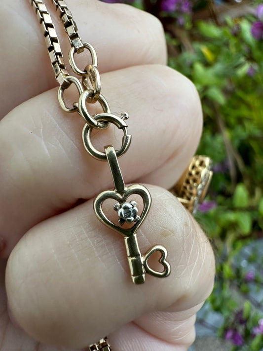 Vintage 9ct Gold Heart Key charm with diamond