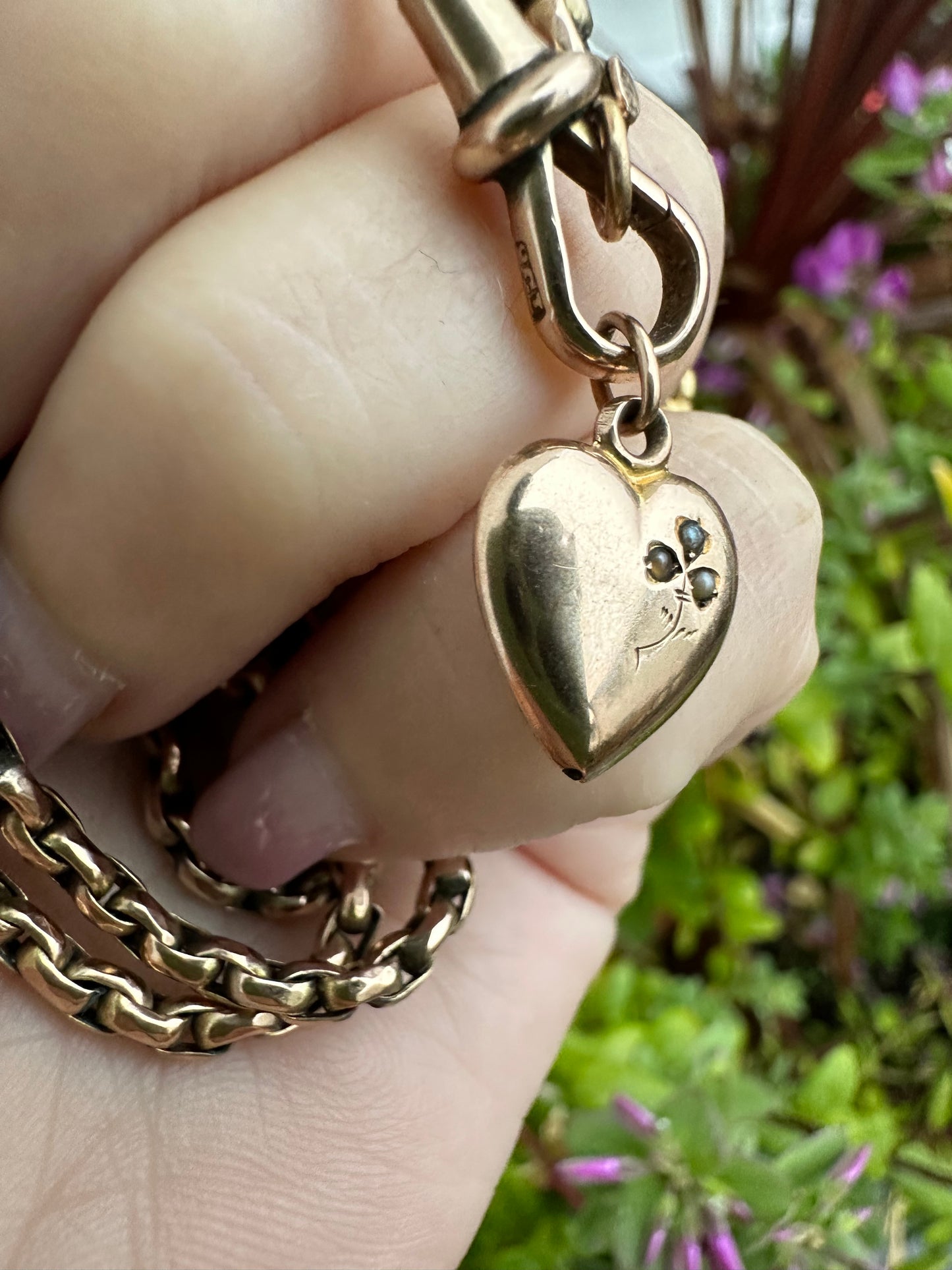 Antique 9ct heart charm with seed pearl clover