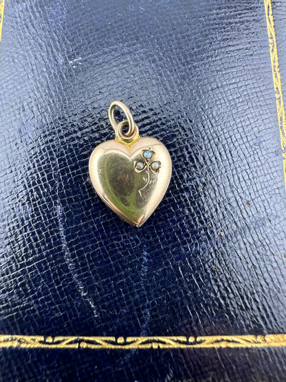 Antique 9ct heart charm with seed pearl clover