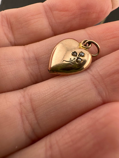 Antique 9ct heart charm with seed pearl clover