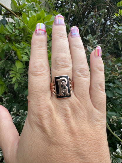 9ct Rose Gold & Onyx R Initial Ring