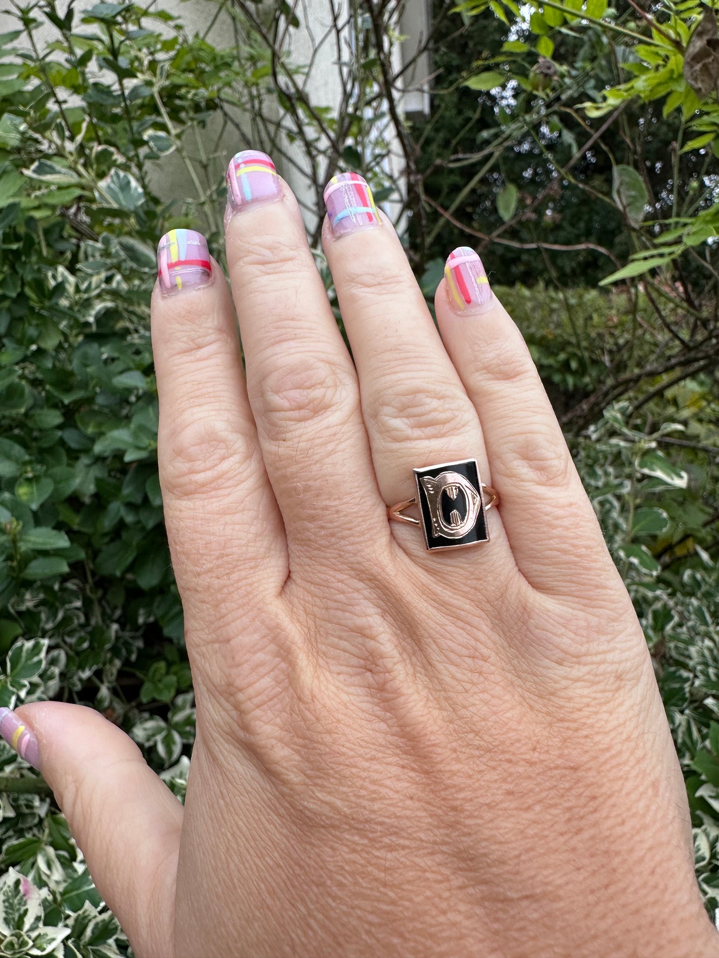 9ct Rose Gold and Onyx D initial ring