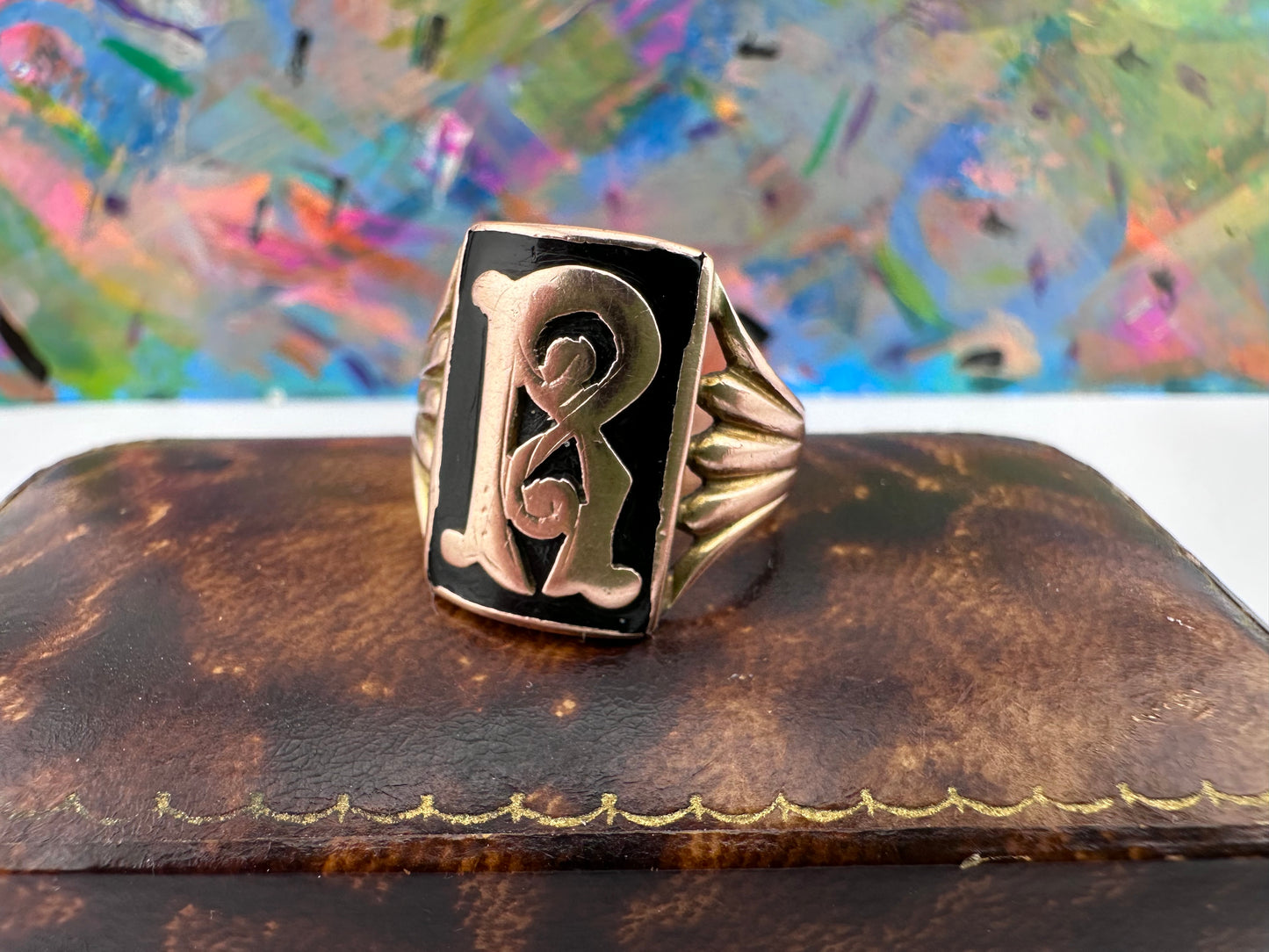 9ct Rose Gold & Onyx R Initial Ring