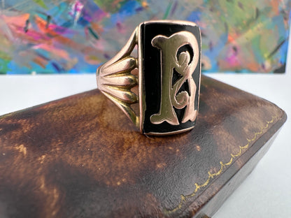 9ct Rose Gold & Onyx R Initial Ring