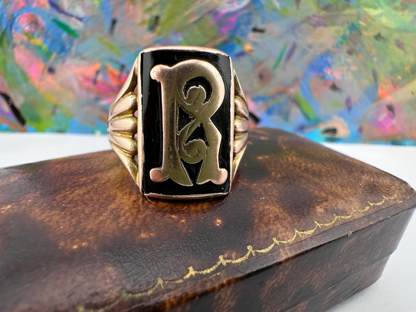 9ct Rose Gold & Onyx R Initial Ring
