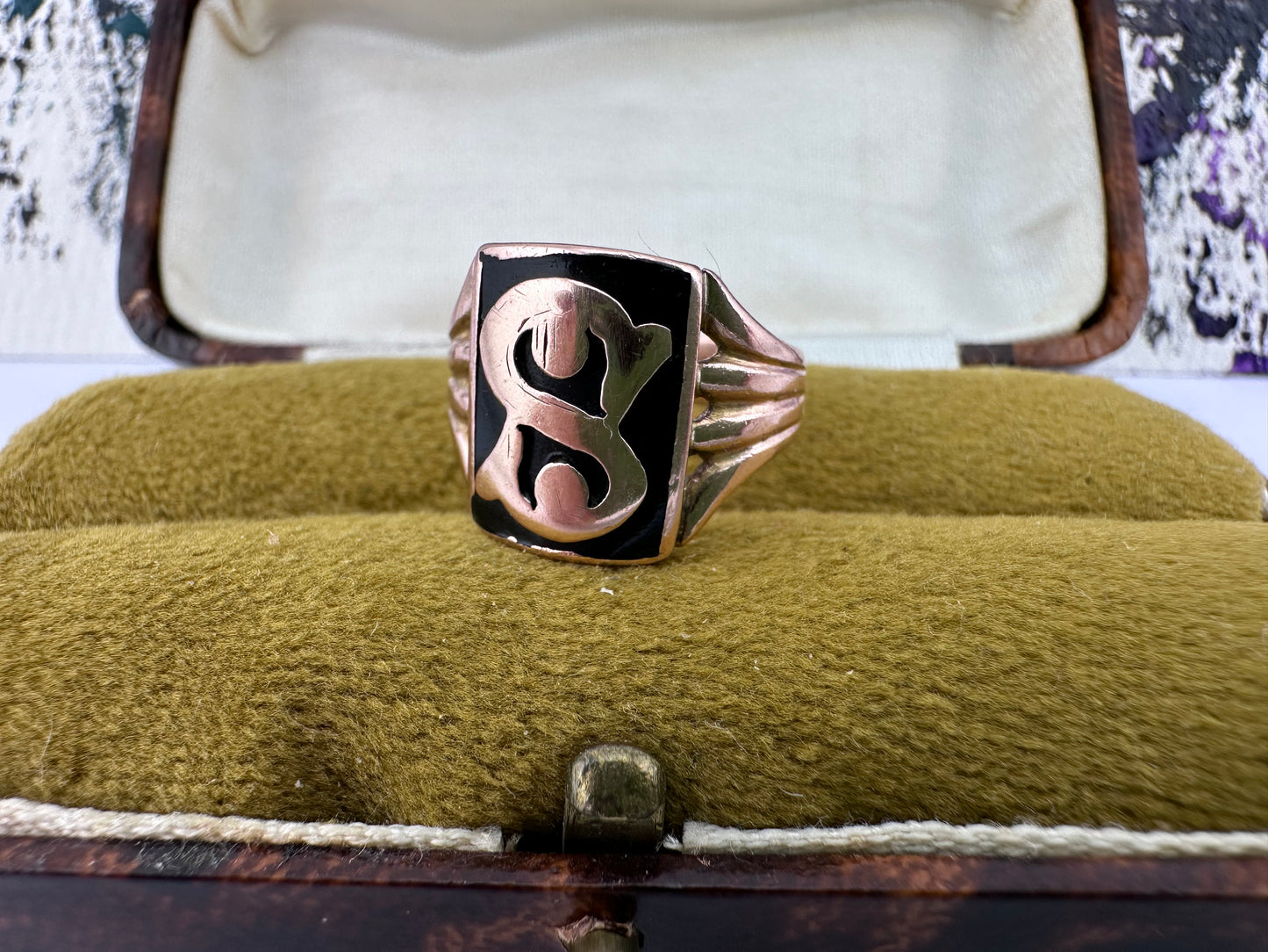9ct Rose Gold & Onyx S Initial Ring