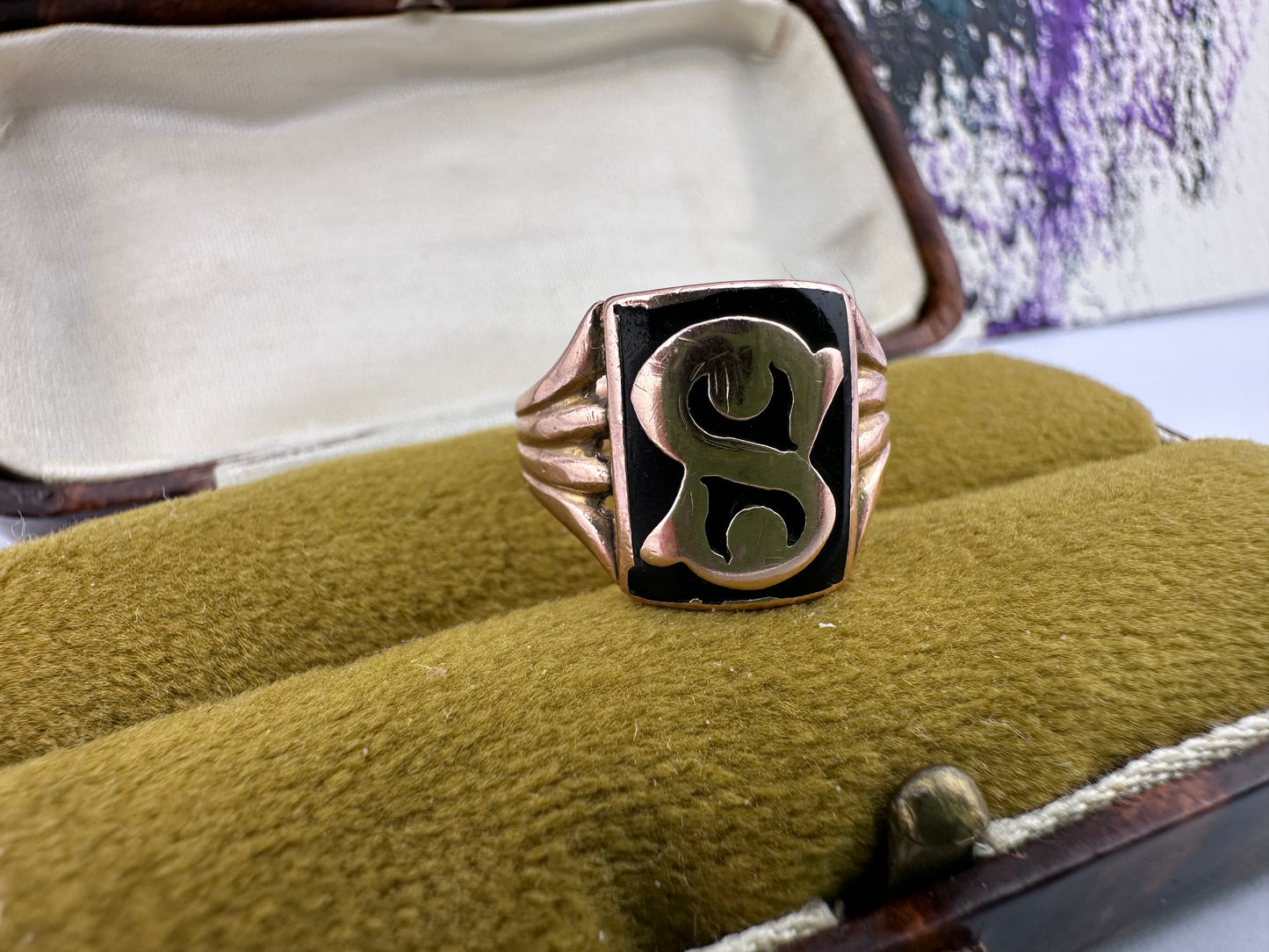 9ct Rose Gold & Onyx S Initial Ring