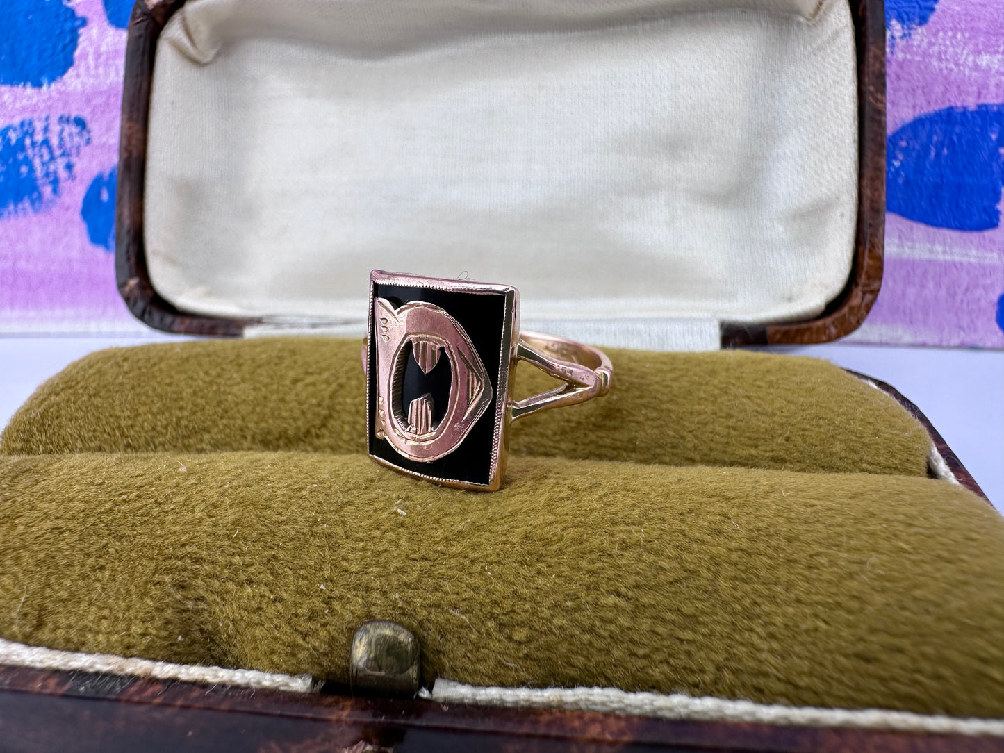 9ct Rose Gold and Onyx D initial ring