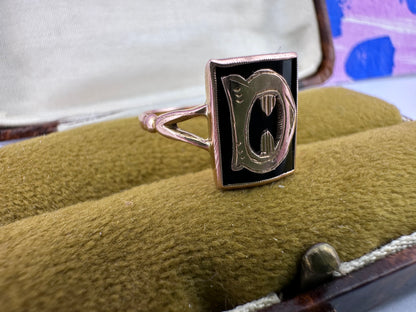 9ct Rose Gold and Onyx D initial ring