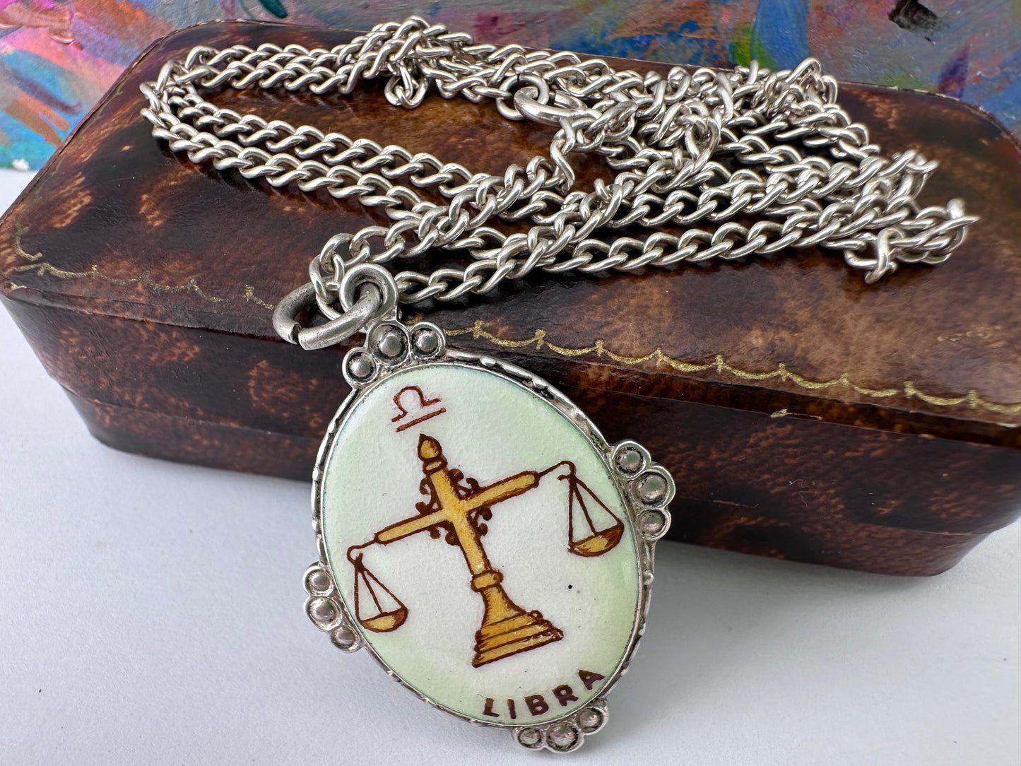 Sterling Silver Enamel Libra Pendant with silver curb chain