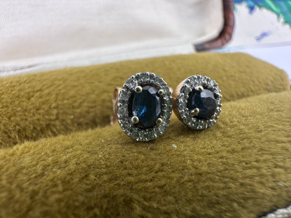 9ct Gold Sapphire & Diamond Oval cluster Studs