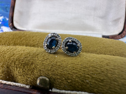 9ct Gold Sapphire & Diamond Oval cluster Studs