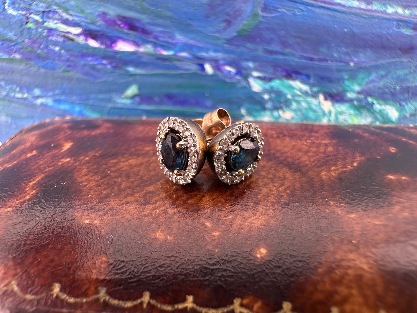 9ct Gold Sapphire & Diamond Oval cluster Studs