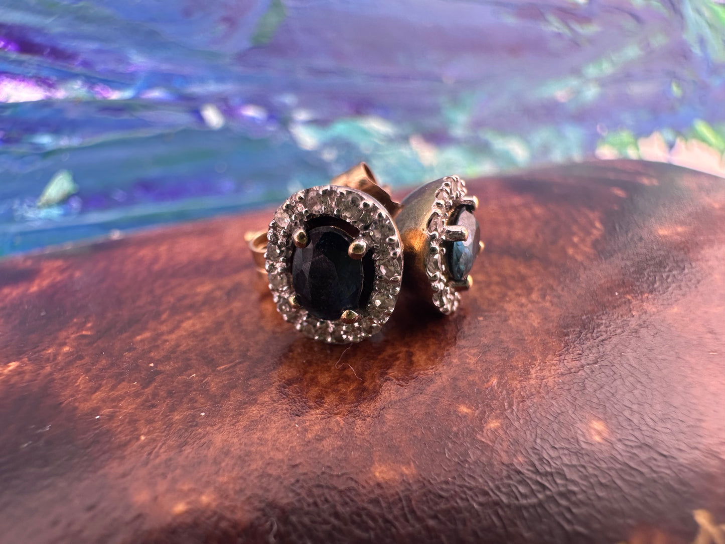 9ct Gold Sapphire & Diamond Oval cluster Studs