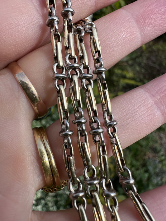 Vintage 9ct white and yellow gold double trombone and infinity link chain