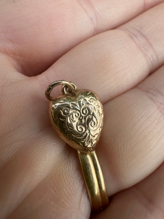 Vintage 9ct gold patterned puffy heart charm