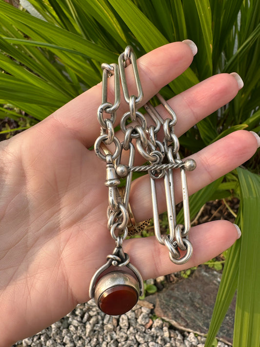 Antique Sterling Silver Trombone Albert chain with fob, 1886