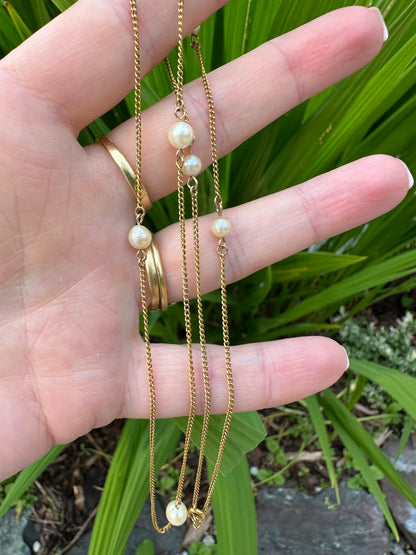 9ct Gold Micro Curb Pearl station chain