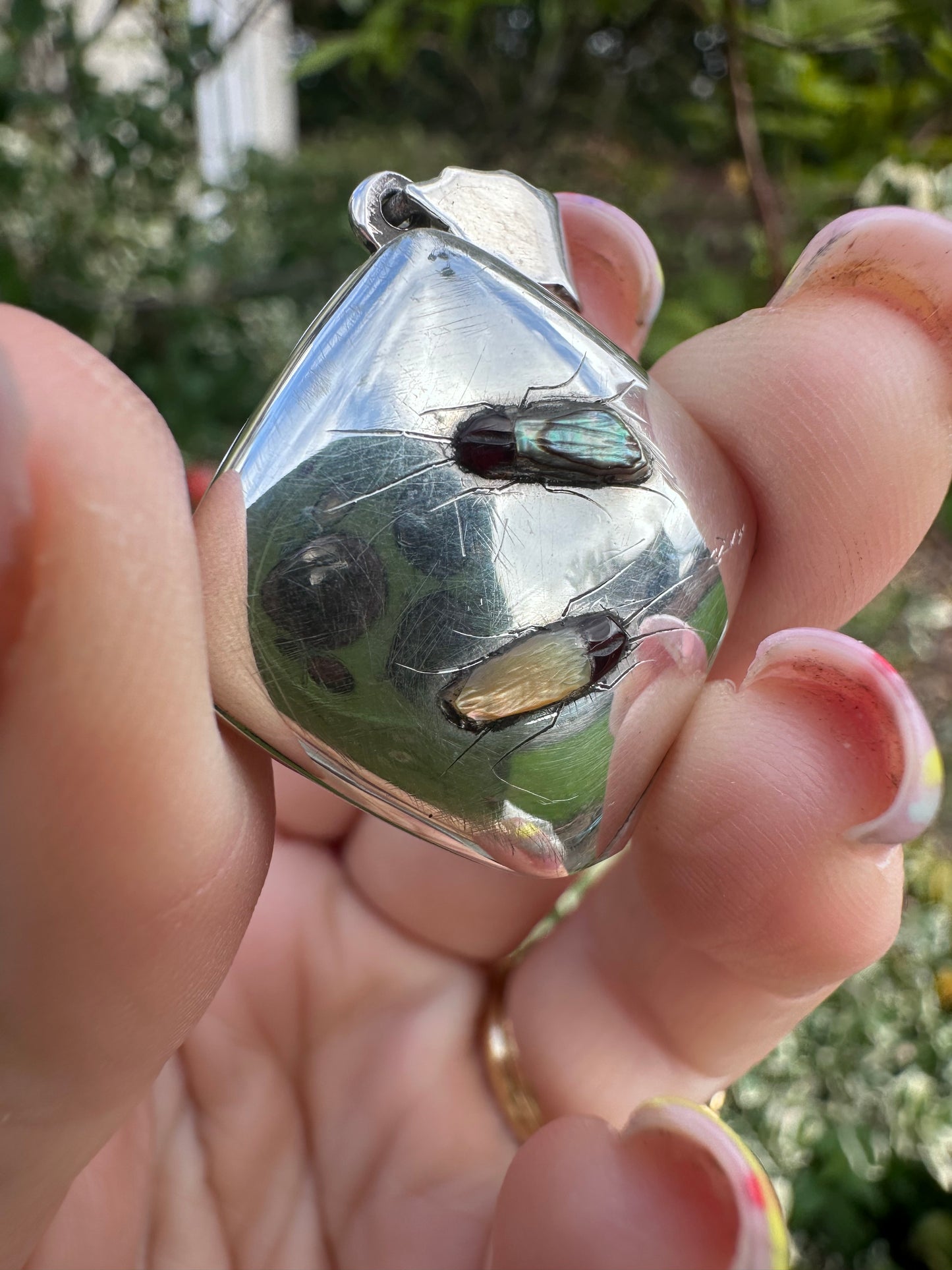 Vintage Sterling silver Shibayama bug locket