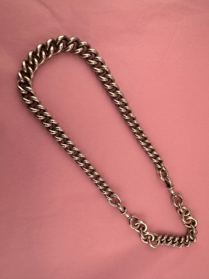 Antique Sterling Silver Chunky Curb Albert  Chain with Extender, 95g, 16.5inches