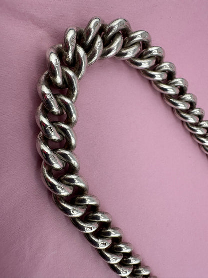 Antique Sterling Silver Chunky Curb Albert  Chain with Extender, 95g, 16.5inches