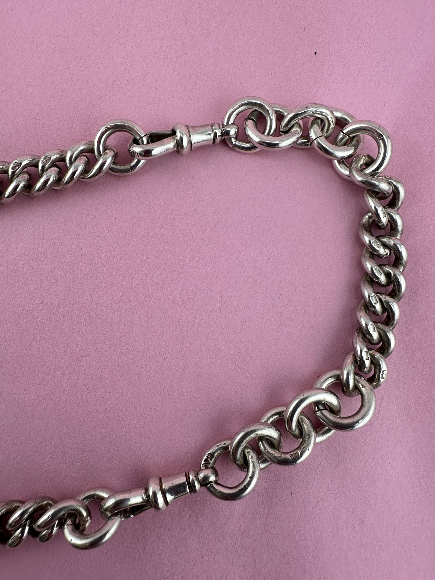 Antique Sterling Silver Chunky Curb Albert  Chain with Extender, 95g, 16.5inches