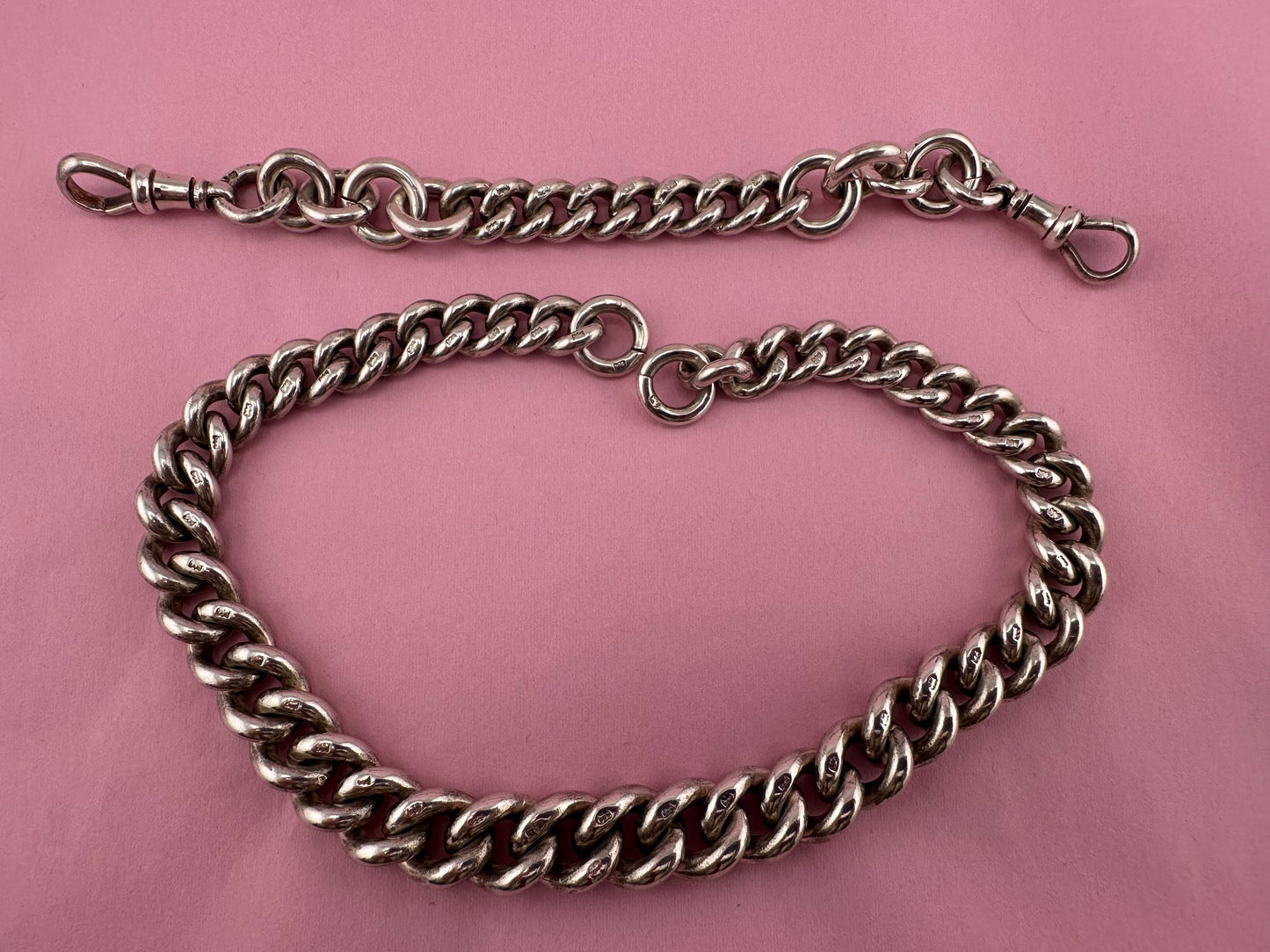 Antique Sterling Silver Chunky Curb Albert  Chain with Extender, 95g, 16.5inches