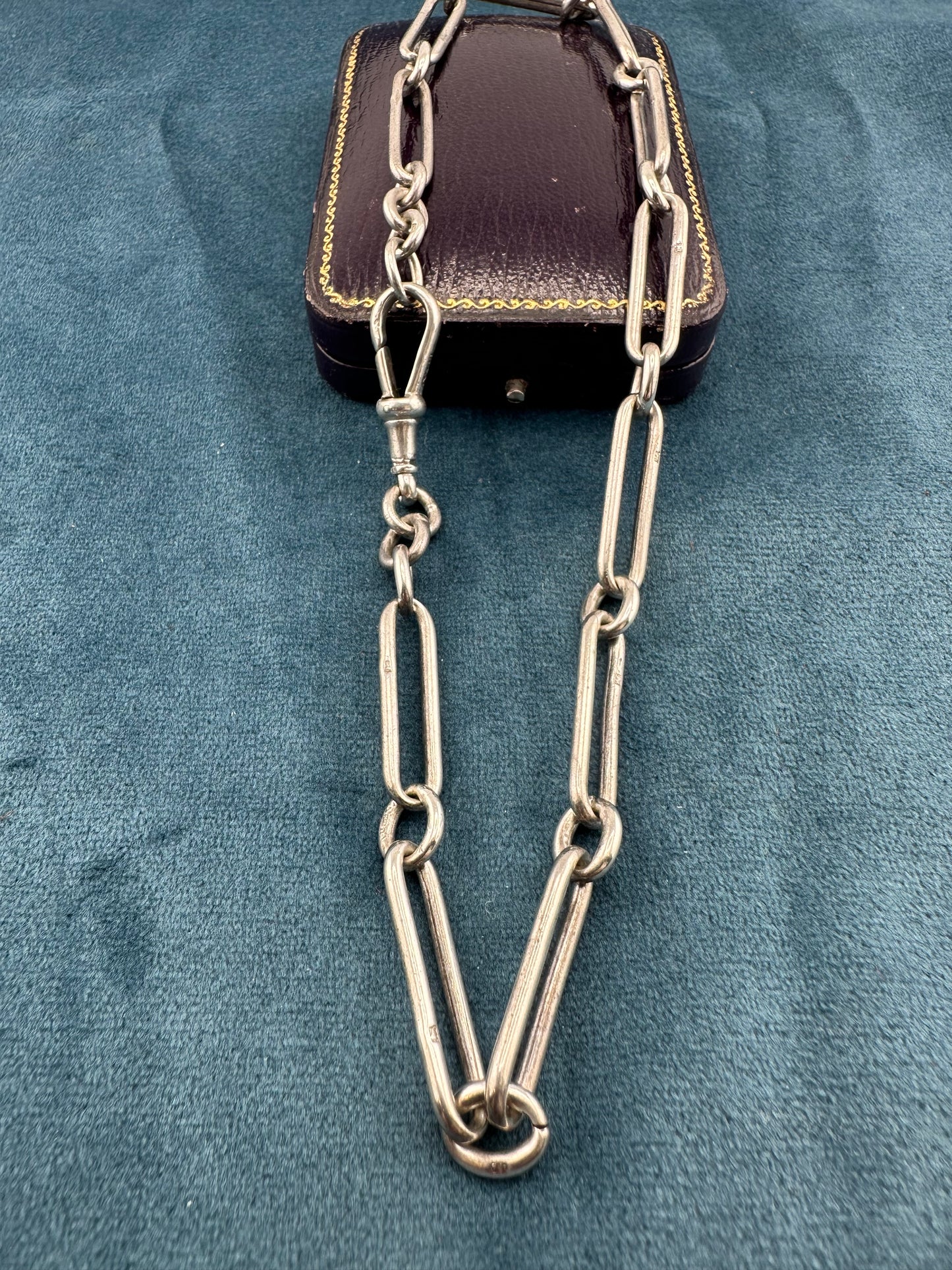 Sterling Silver Trombone Albert Chain with large Dog Clip, 35.38g, 16inches