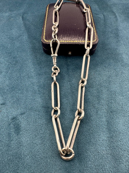 Sterling Silver Trombone Albert Chain with large Dog Clip, 35.38g, 16inches