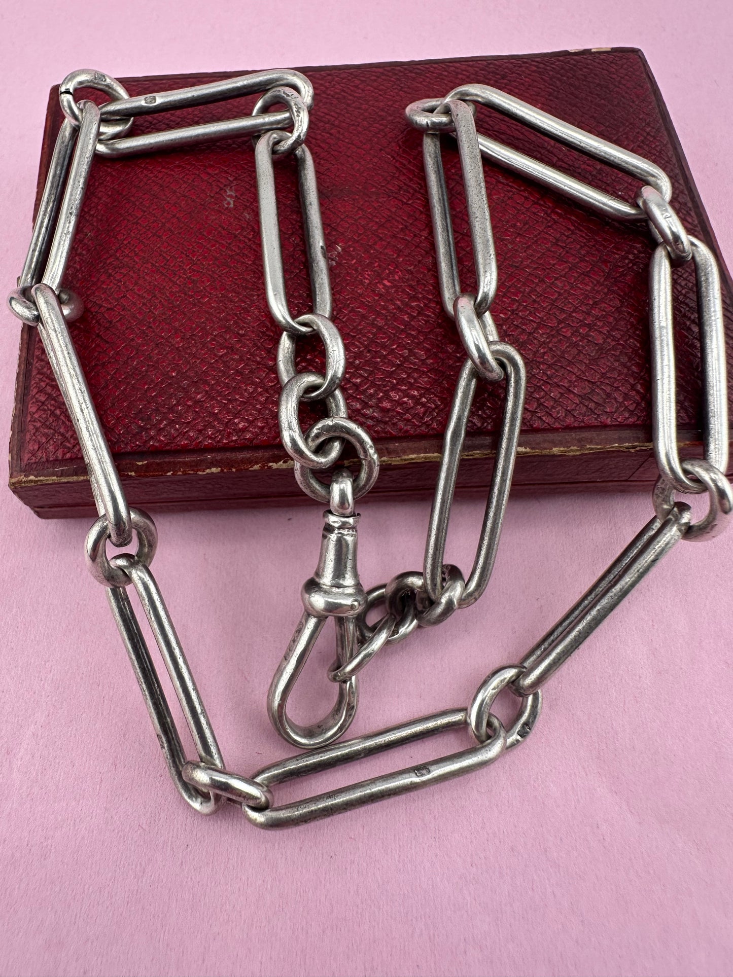 Sterling Silver Trombone Albert Chain with large Dog Clip, 35.38g, 16inches