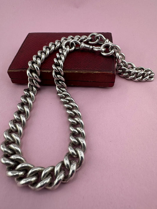 Antique Sterling Silver Chunky Curb Albert  Chain with Extender, 95g, 16.5inches