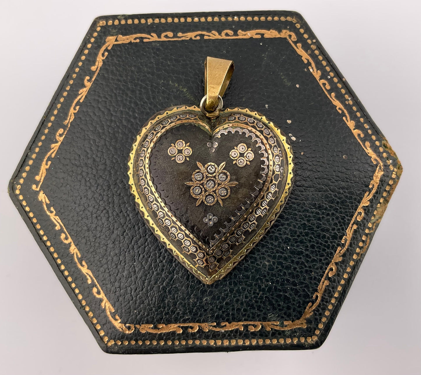 Victorian Piqué 9ct Gold & Silver inlaid Heart Pendant