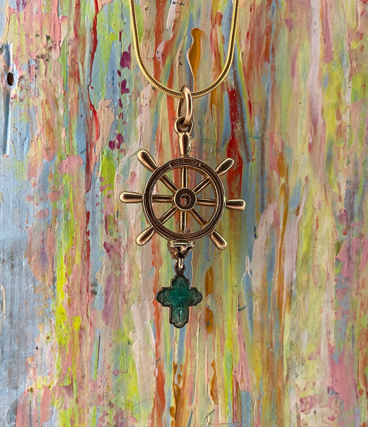 Vintage Ships wheel charm/pendant with silver green enamel cross, 1970s