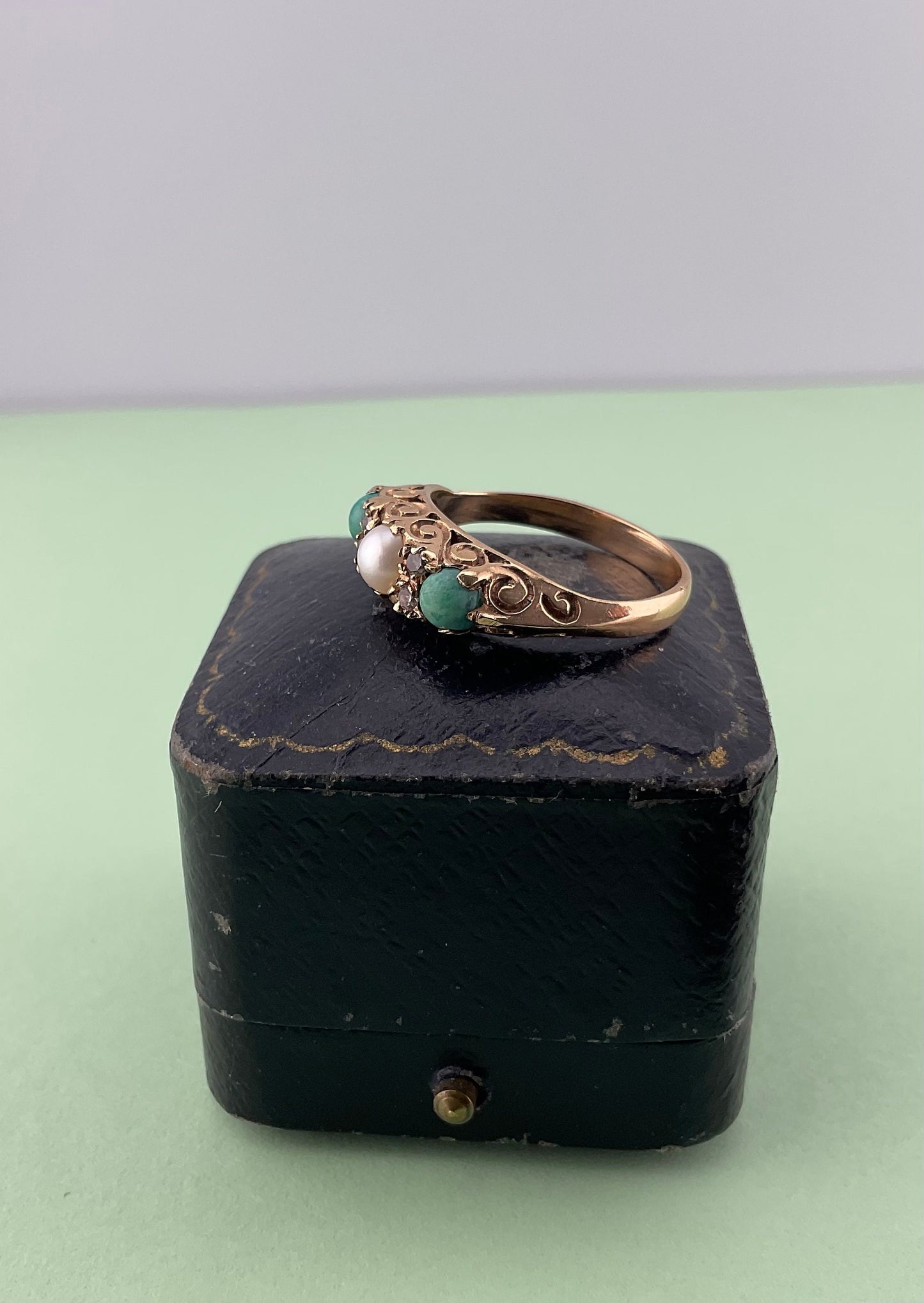 Vintage Turquoise, Pearl and CZ 7 Stone ring, 1969