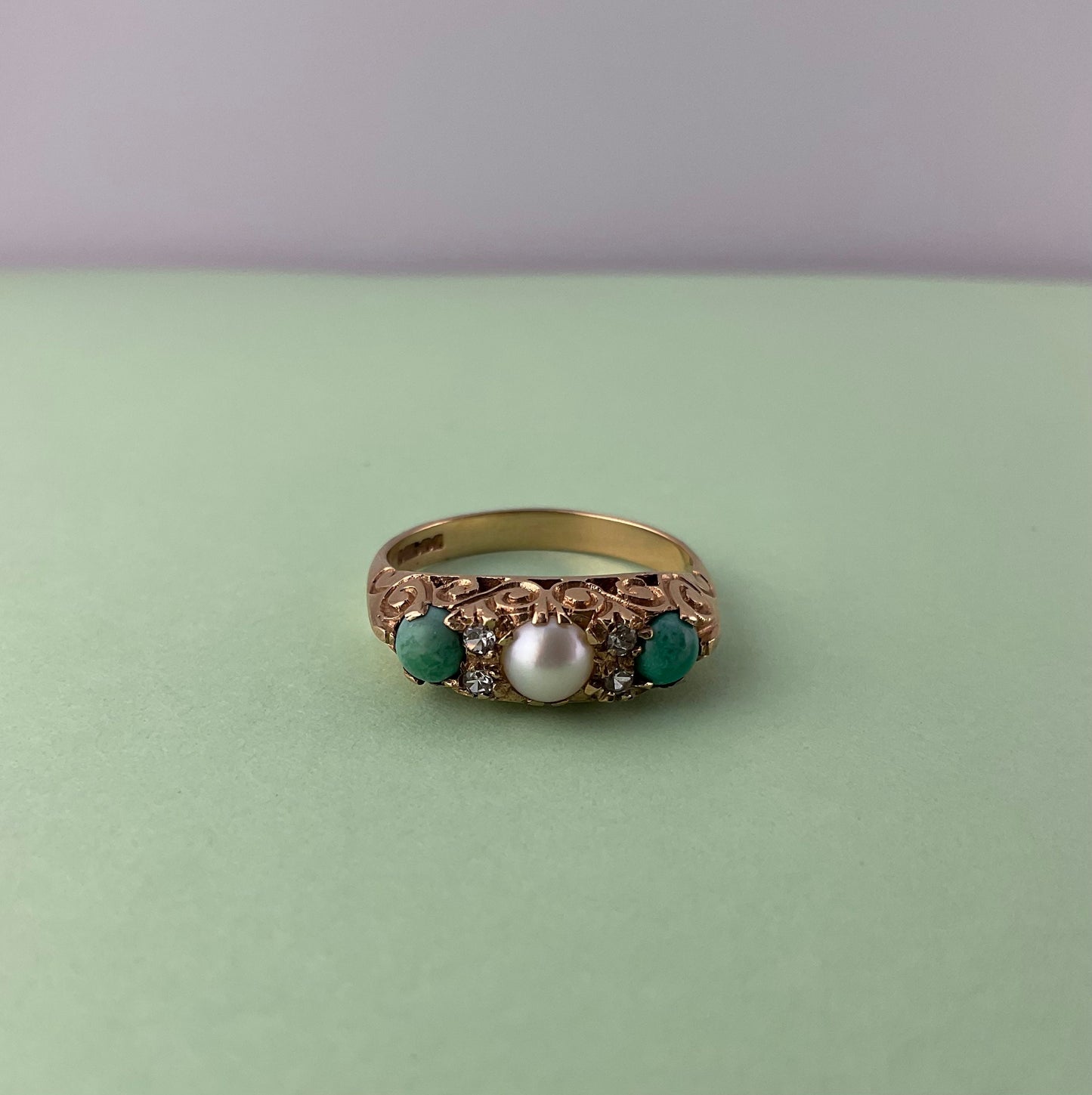 Vintage Turquoise, Pearl and CZ 7 Stone ring, 1969