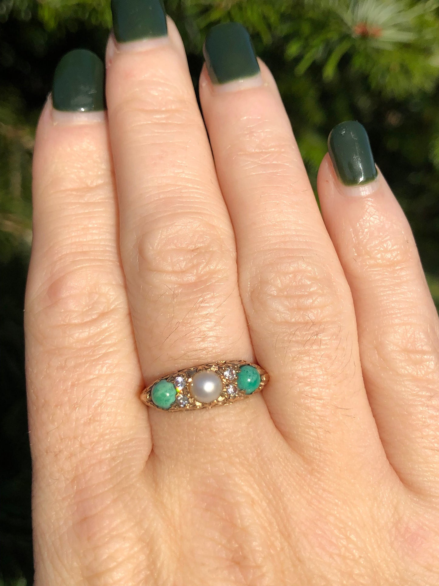 Vintage Turquoise, Pearl and CZ 7 Stone ring, 1969