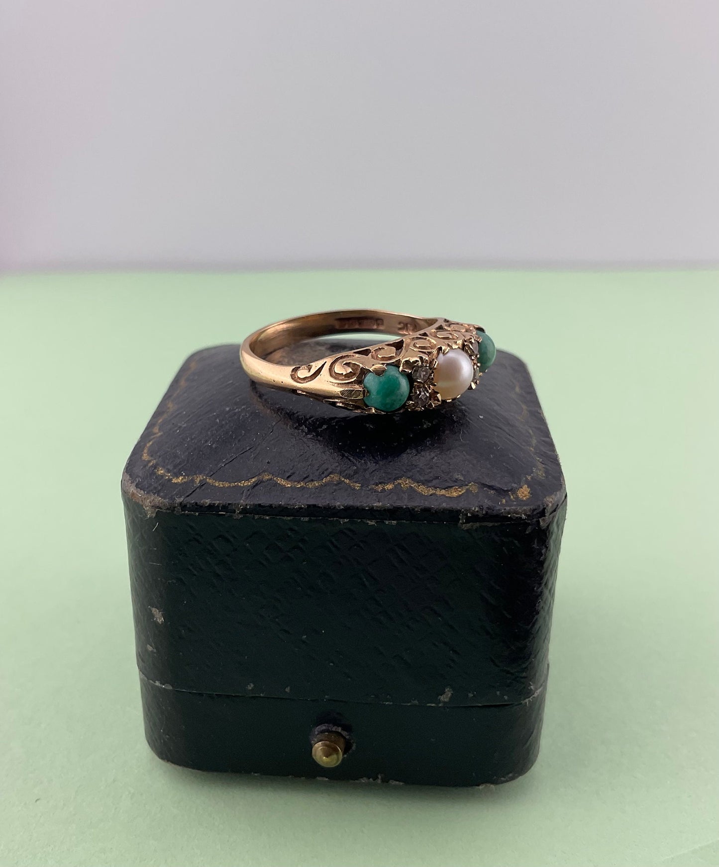 Vintage Turquoise, Pearl and CZ 7 Stone ring, 1969