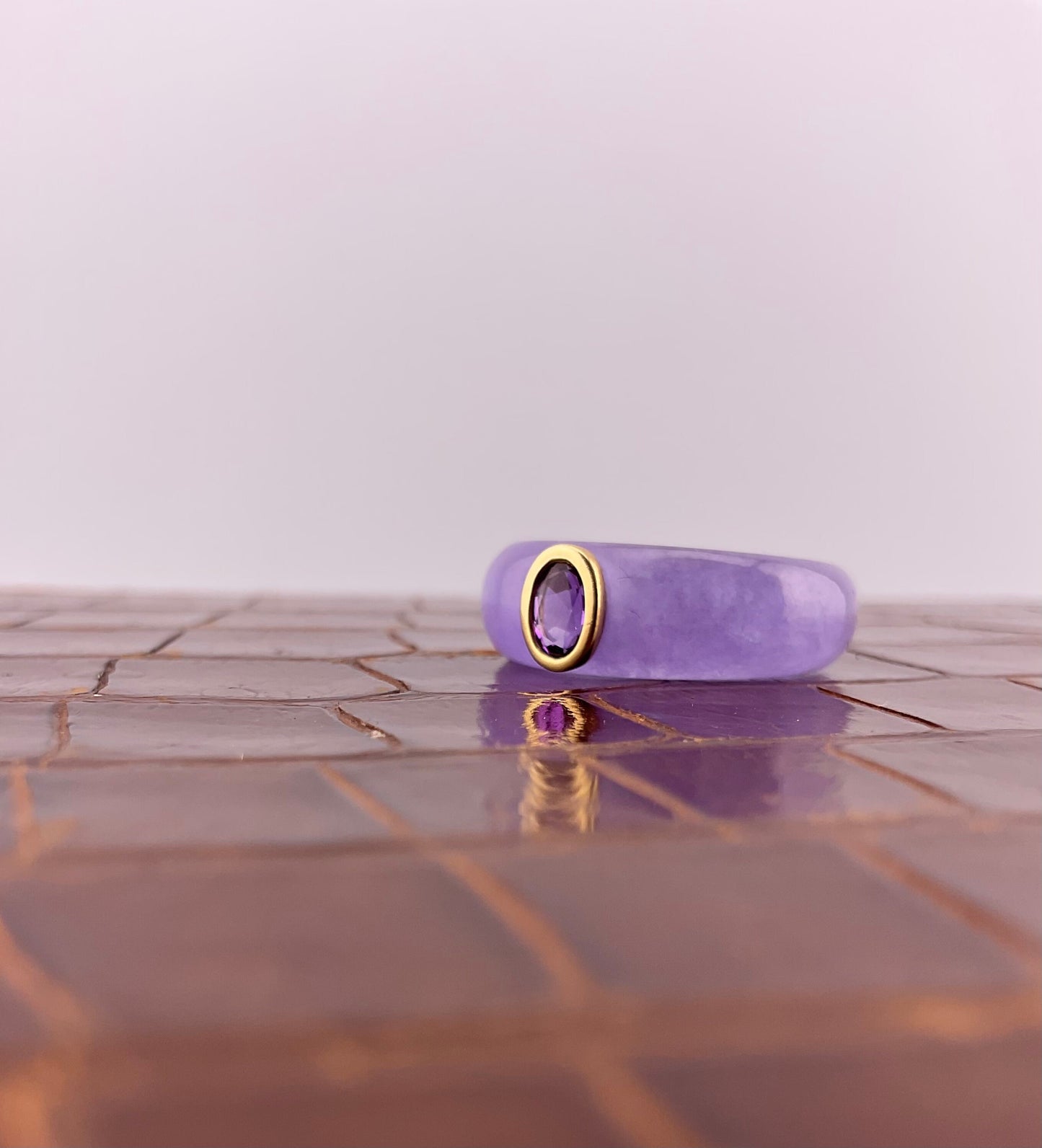 Chunky Purple Jade Ring with a 9ct Bezel Set Amethyst