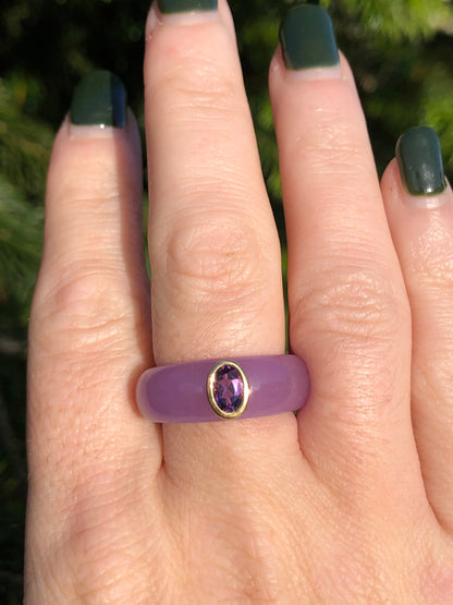 Chunky Purple Jade Ring with a 9ct Bezel Set Amethyst