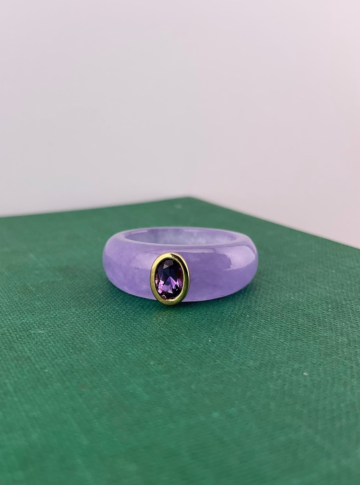 Chunky Purple Jade Ring with a 9ct Bezel Set Amethyst