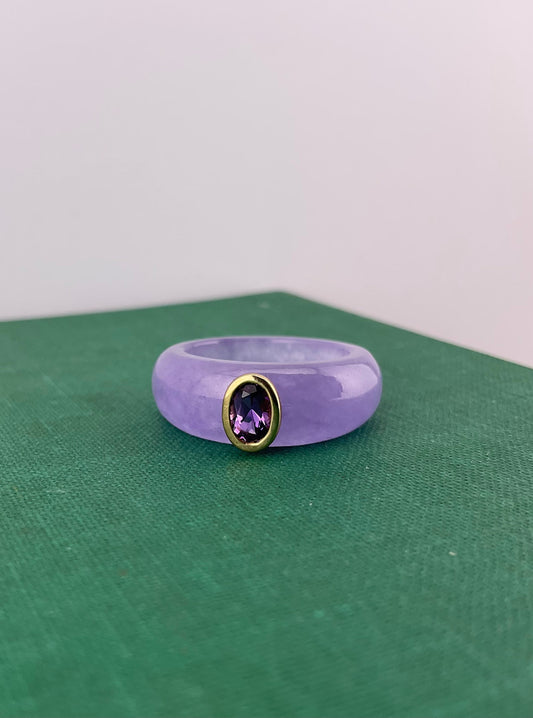 Chunky Purple Jade Ring with a 9ct Bezel Set Amethyst